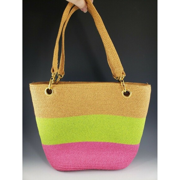 Woven Paper Straw w Metal Trim Purse Tote Beach Bag Green Pink Tan Footed Lined - Picture 1 of 11